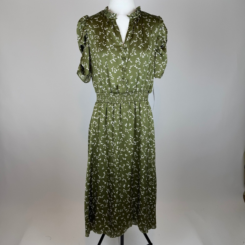 NWD MSK Petite Green Floral Smocked Waist Ruffle Puff Sleeve Midi Dress PXL FLAW